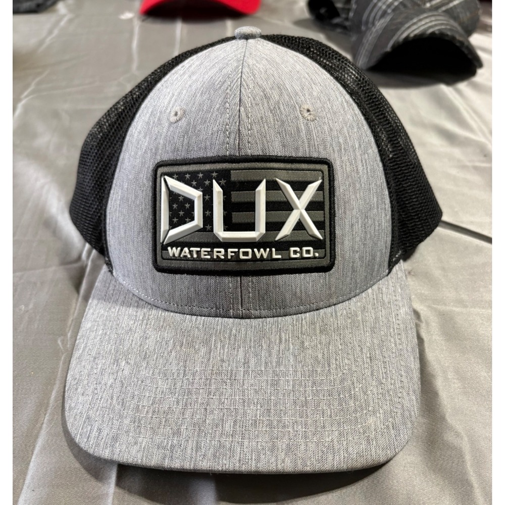 Dux Waterfowl Co Mens Trucker Hat Gray Black American Flag Patch Snapback Cap
